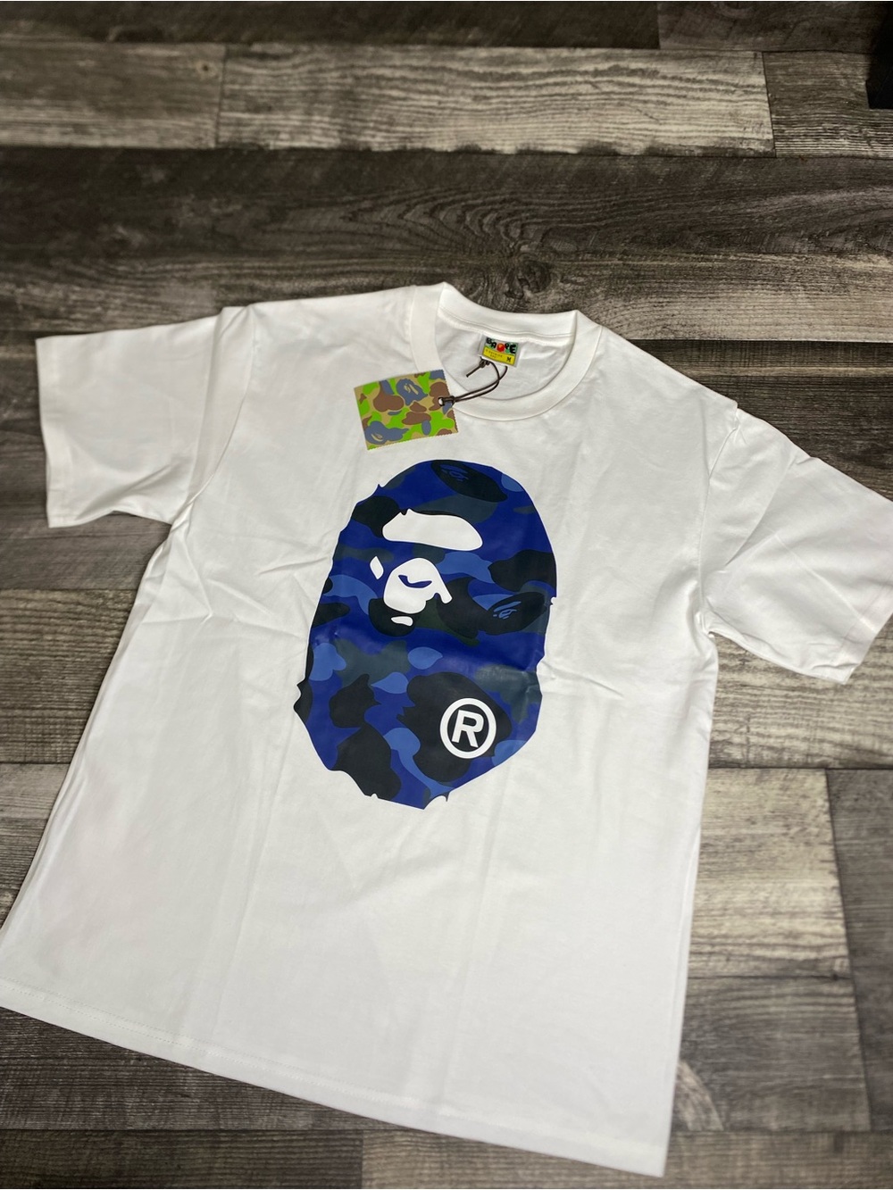 Bape White Short-Sleeve Tee with Blue Camo Ape Head